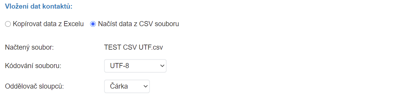Výběr parametrů datového souboru kontaktů