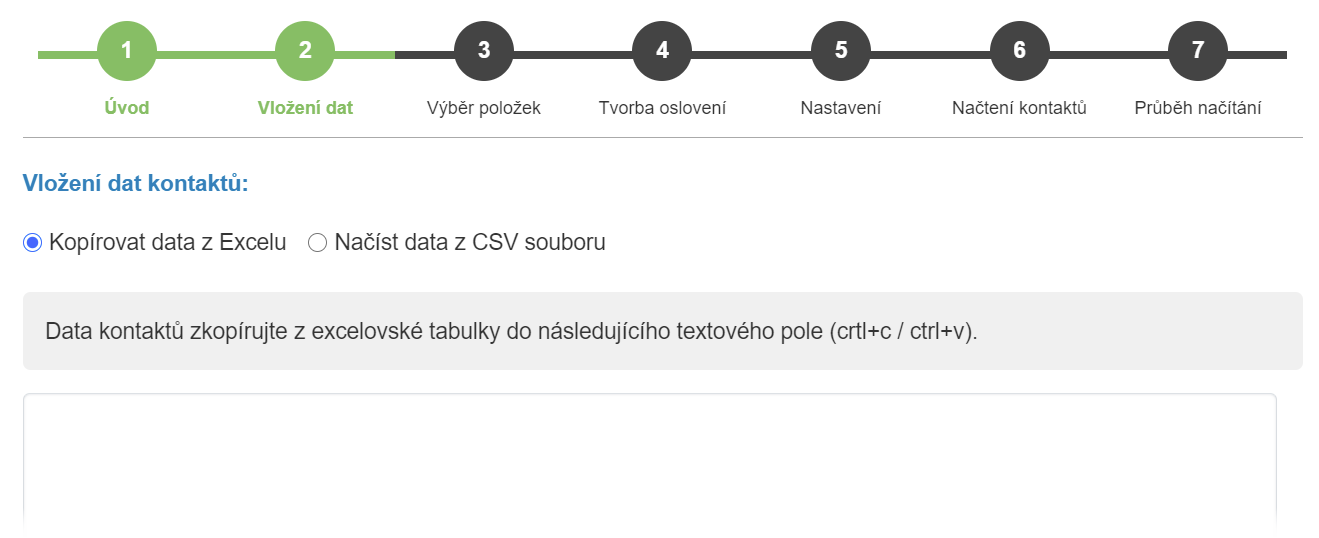 Vložení dat pro hromadné načtení kontaktů